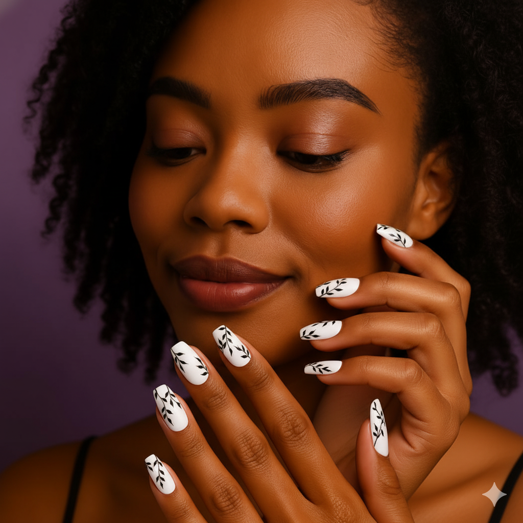 Faux Ongles Blanc avec Fleurs Noires – 12 Capsules + Kit de Pose Inclus