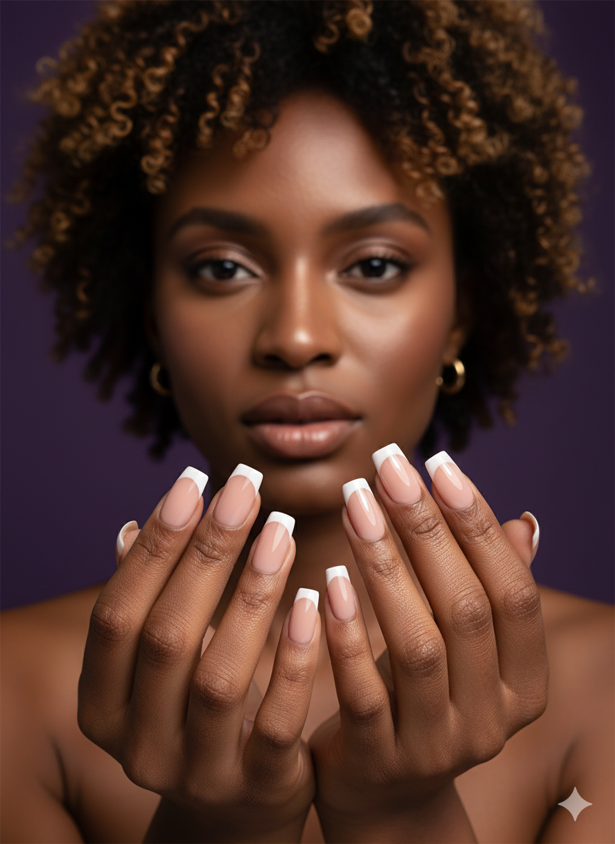 Faux Ongles Nude avec Ligne Blanche – 12 Capsules + Kit de Pose Inclus
